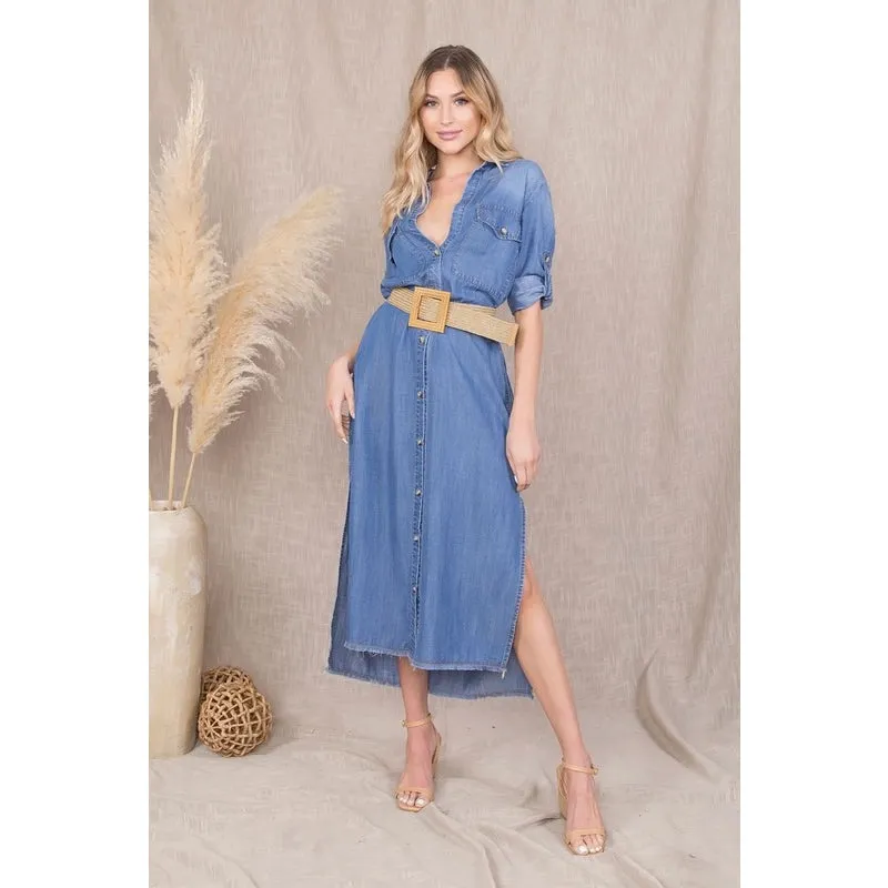 Feeling Myself Chambray Blue Midi Dress
