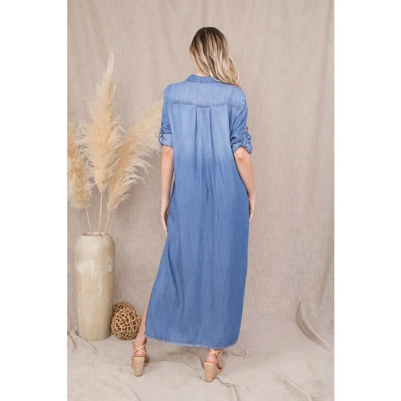 Feeling Myself Chambray Blue Midi Dress