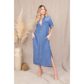 Feeling Myself Chambray Blue Midi Dress