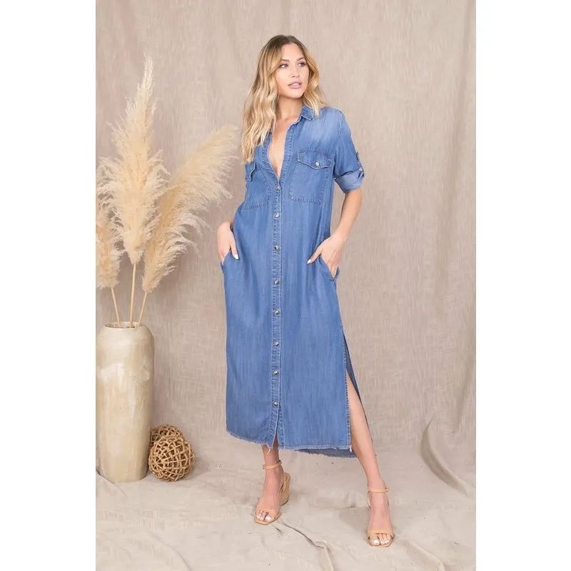 Feeling Myself Chambray Blue Midi Dress