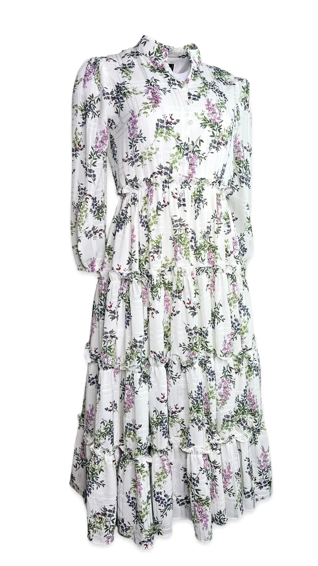 Floral Long Sleeve Split V-Neck Ruffle Chiffon Dress