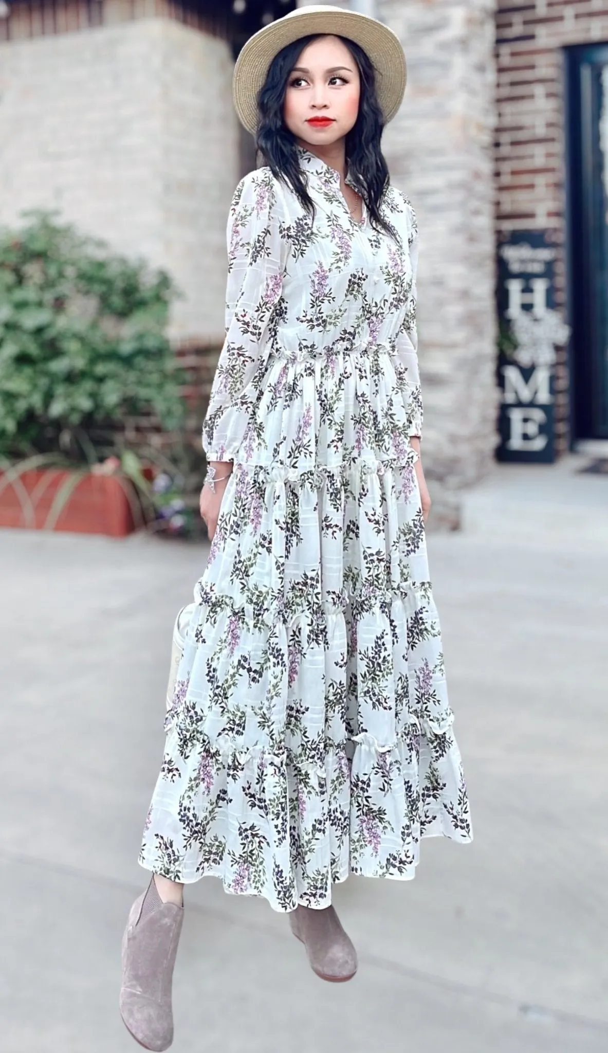 Floral Long Sleeve Split V-Neck Ruffle Chiffon Dress