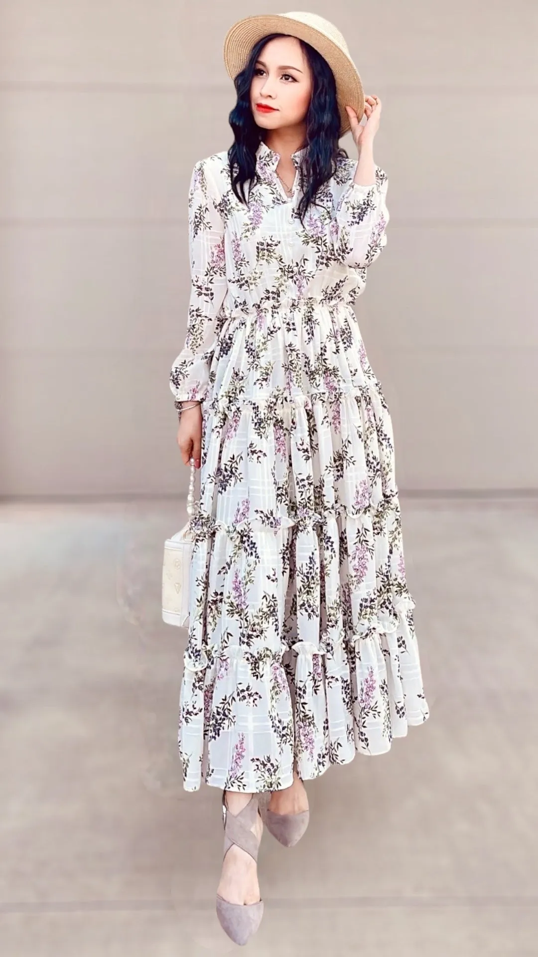 Floral Long Sleeve Split V-Neck Ruffle Chiffon Dress
