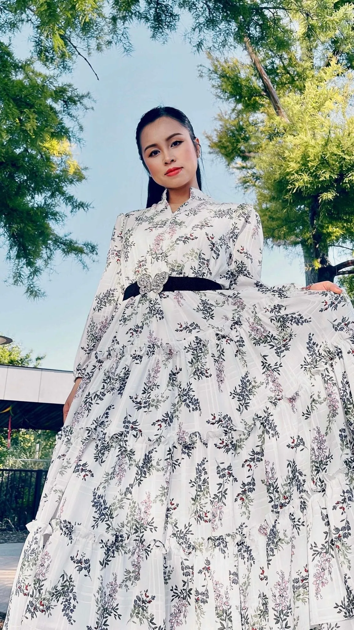 Floral Long Sleeve Split V-Neck Ruffle Chiffon Dress