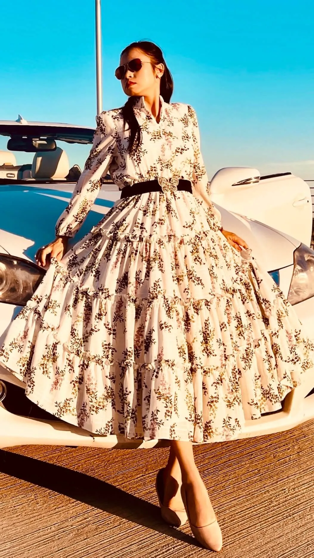 Floral Long Sleeve Split V-Neck Ruffle Chiffon Dress