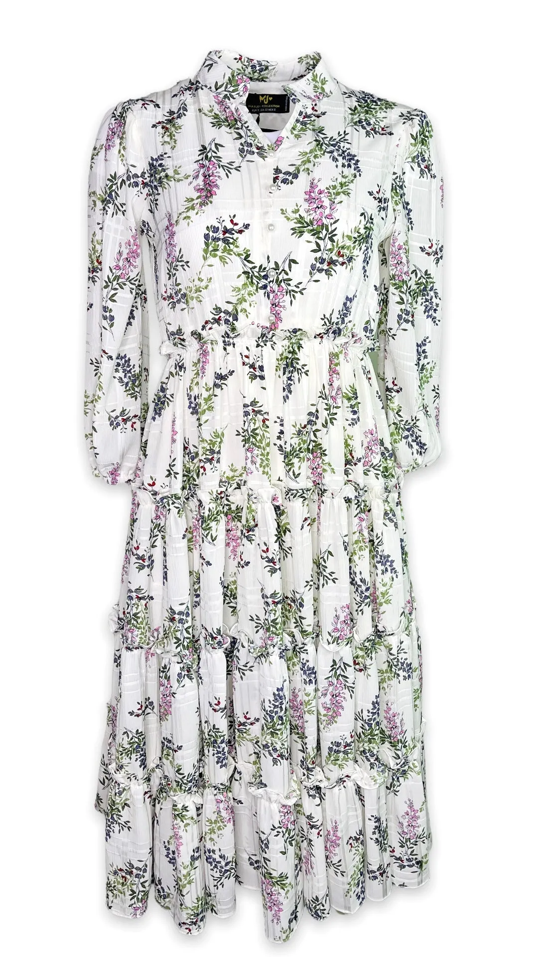 Floral Long Sleeve Split V-Neck Ruffle Chiffon Dress