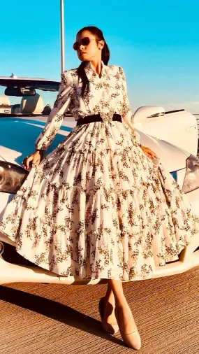 Floral Long Sleeve Split V-Neck Ruffle Chiffon Dress