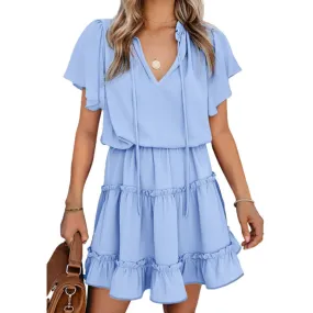 Flounce Sleeve V- Neck Casual Dress