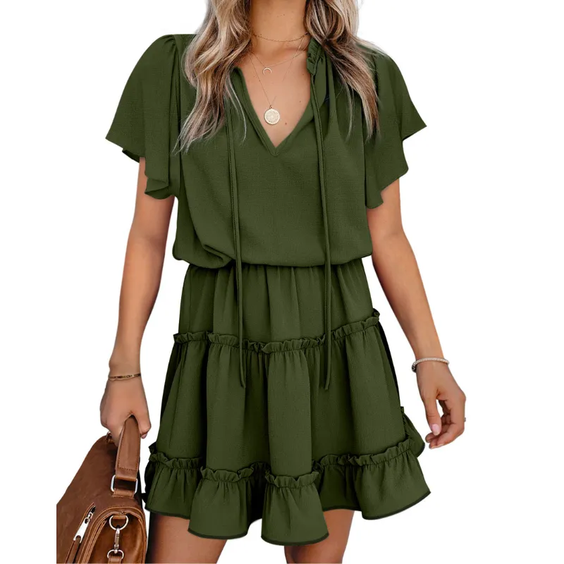 Flounce Sleeve V- Neck Casual Dress