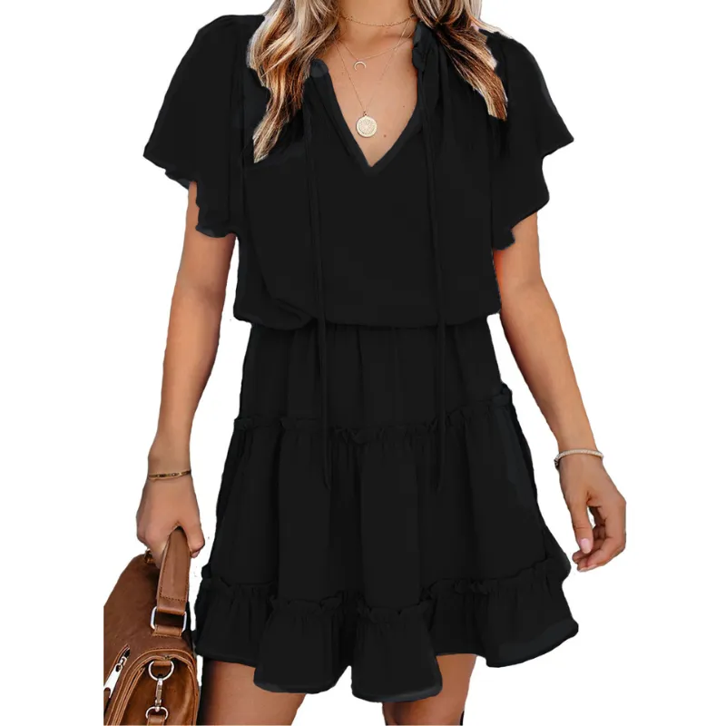 Flounce Sleeve V- Neck Casual Dress