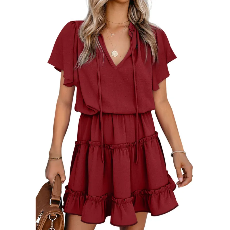 Flounce Sleeve V- Neck Casual Dress