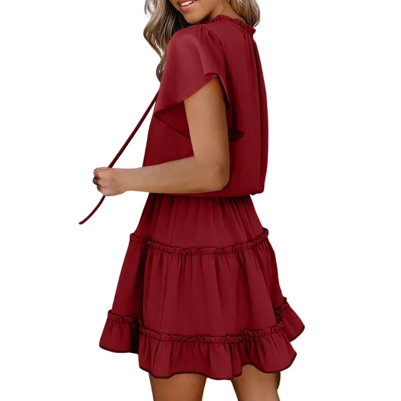 Flounce Sleeve V- Neck Casual Dress