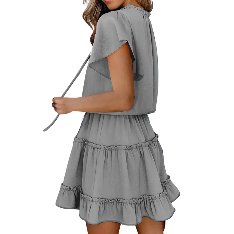 Flounce Sleeve V- Neck Casual Dress
