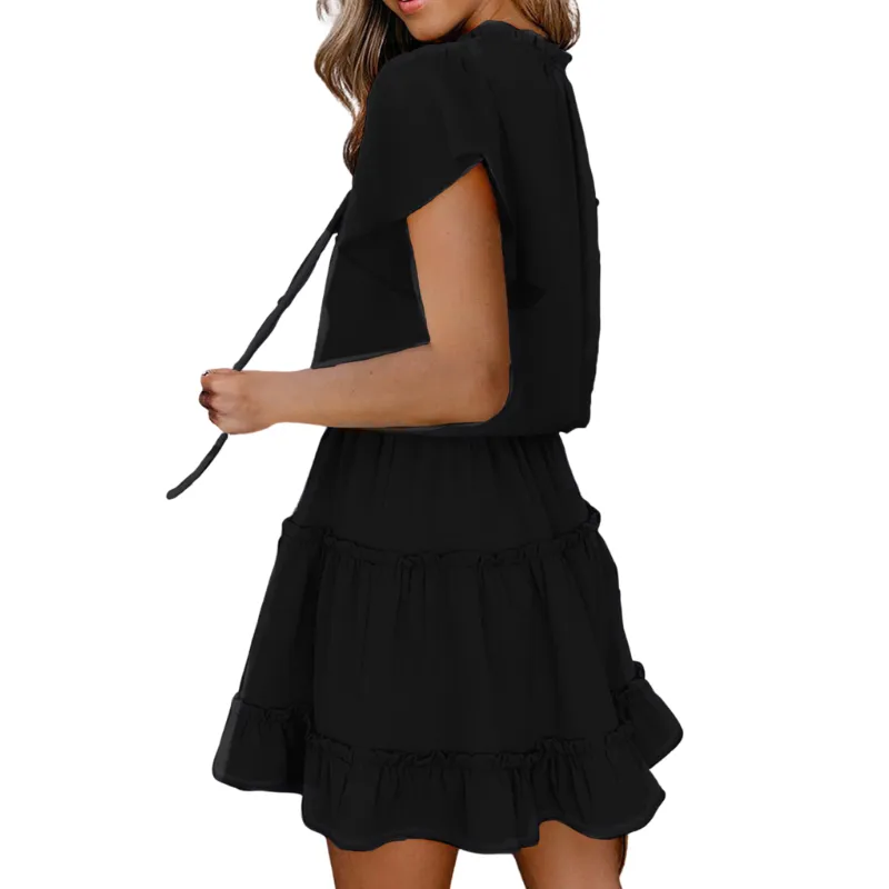 Flounce Sleeve V- Neck Casual Dress