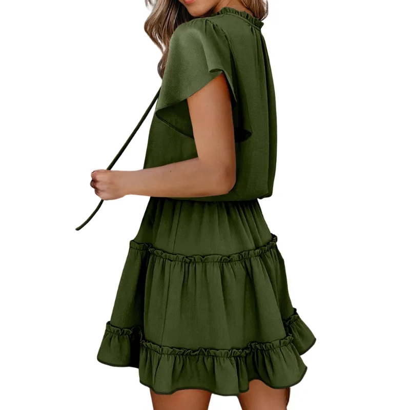 Flounce Sleeve V- Neck Casual Dress