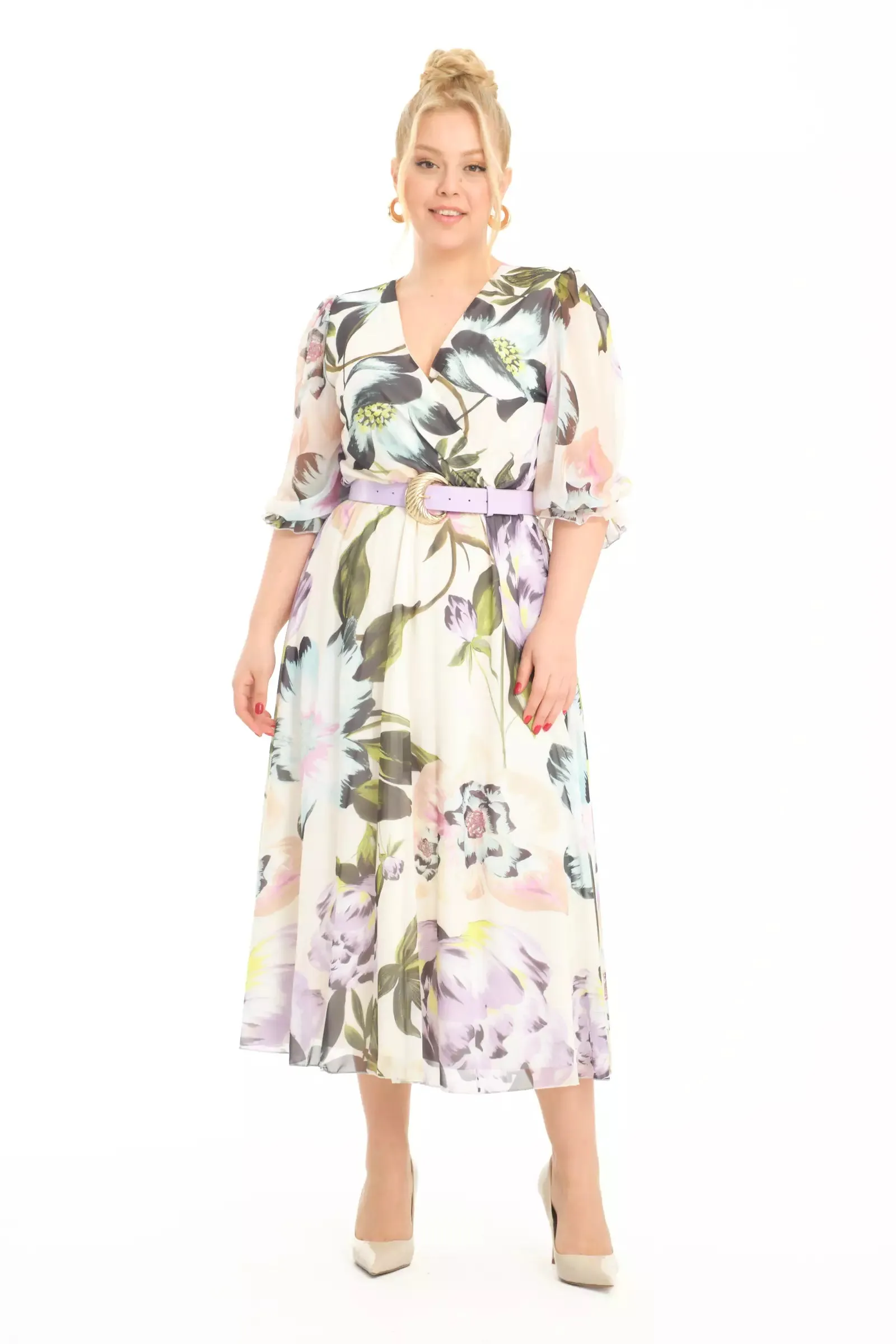 FRV Printed plus size chiffon 3/4 sleeve midi dress - Colchester