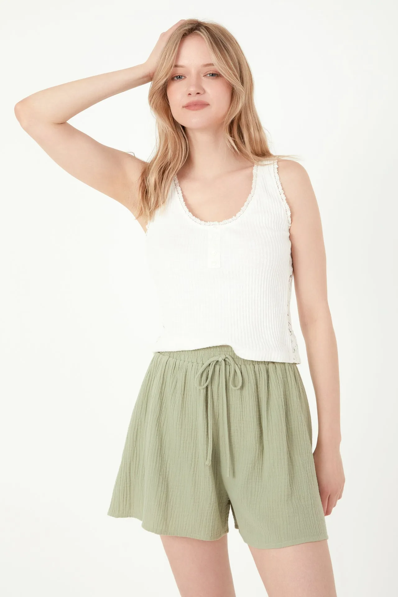 Henley Lace Trim Neck Top