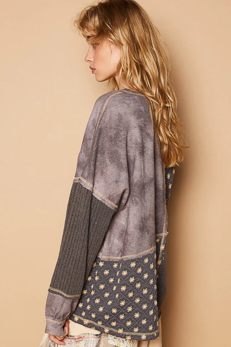 Hyped Up Mixed Fabric Quilted Long Sleeve Top