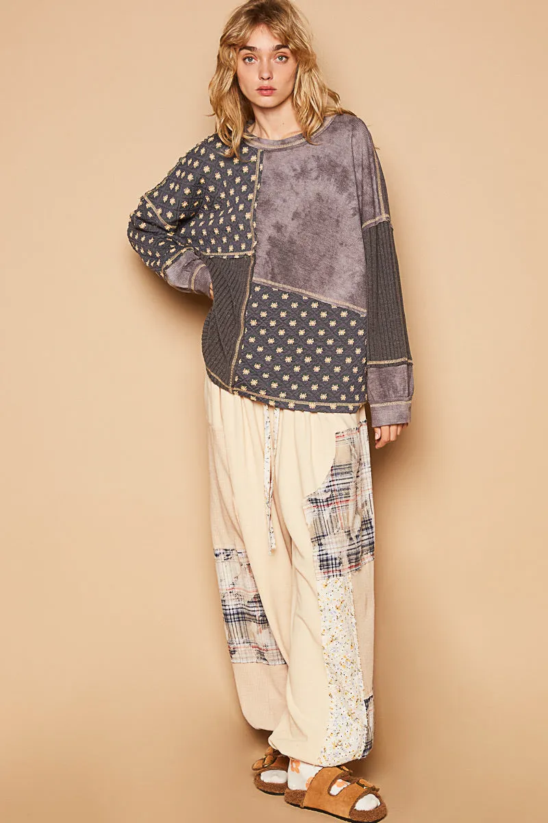 Hyped Up Mixed Fabric Quilted Long Sleeve Top