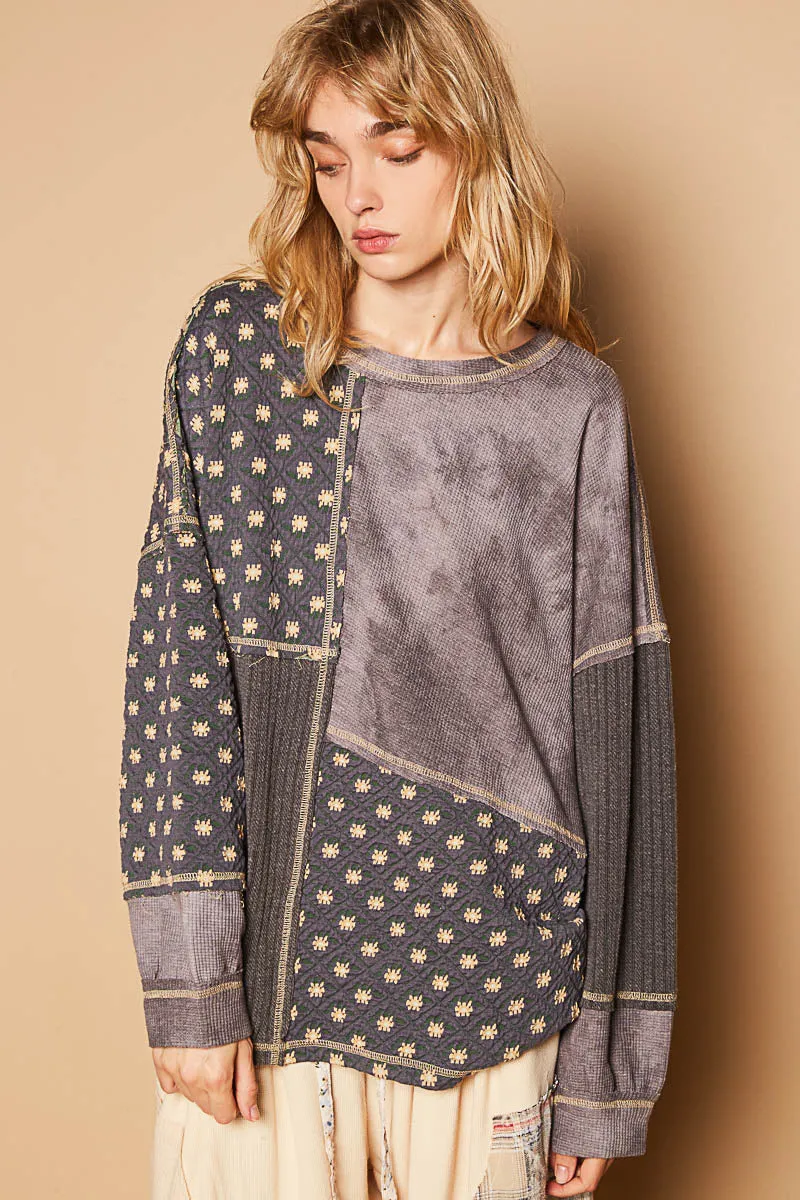 Hyped Up Mixed Fabric Quilted Long Sleeve Top