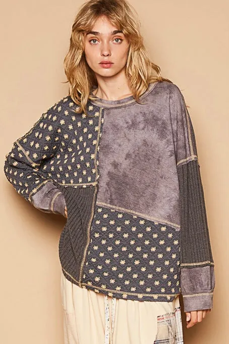 Hyped Up Mixed Fabric Quilted Long Sleeve Top