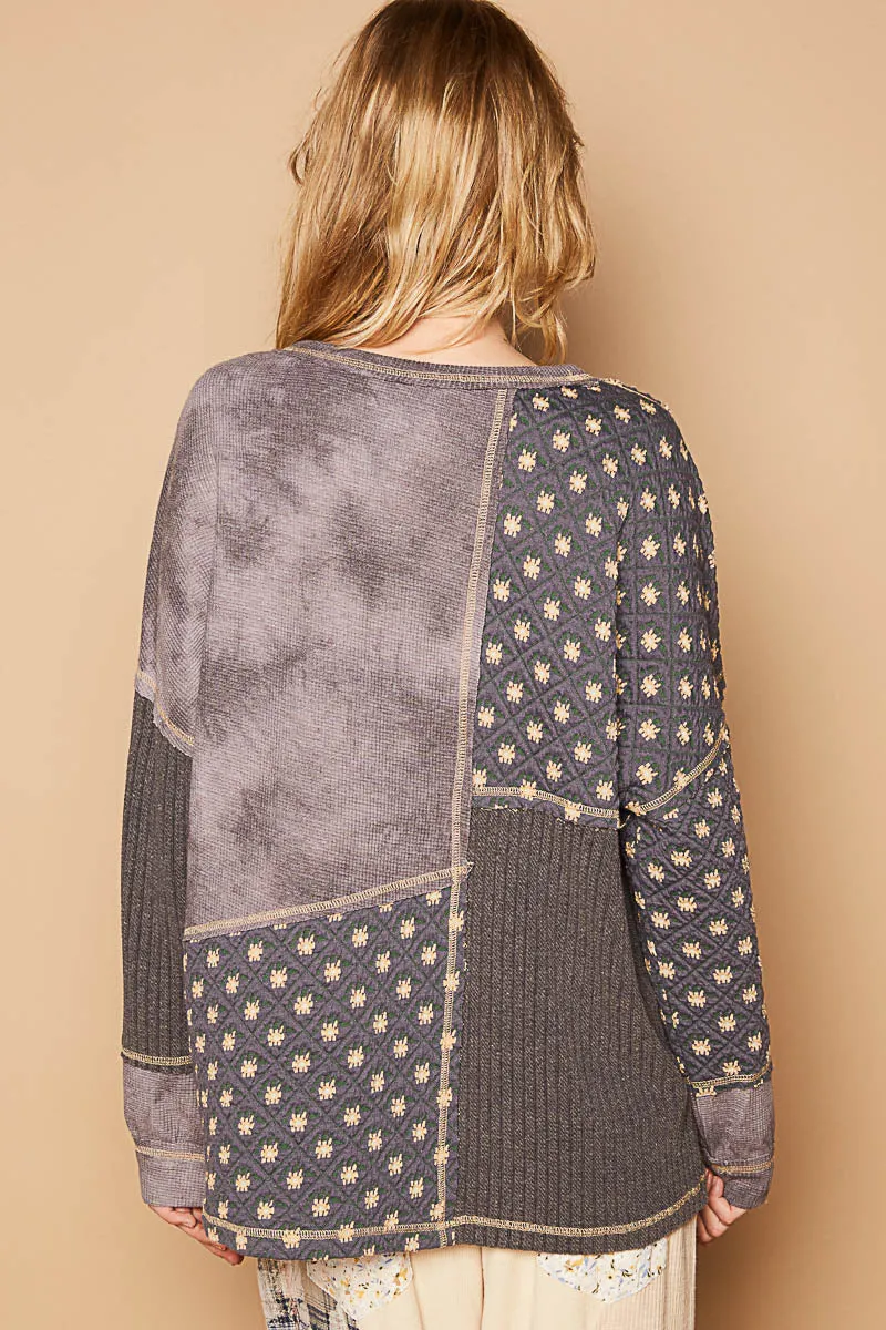 Hyped Up Mixed Fabric Quilted Long Sleeve Top