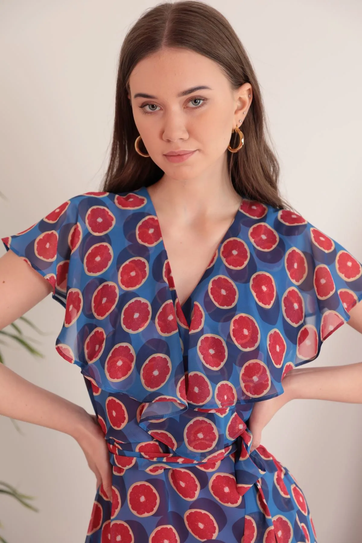 KKT Chiffon Fabric Fruit Pattern Aller Women's Dress-Royal - Lorca
