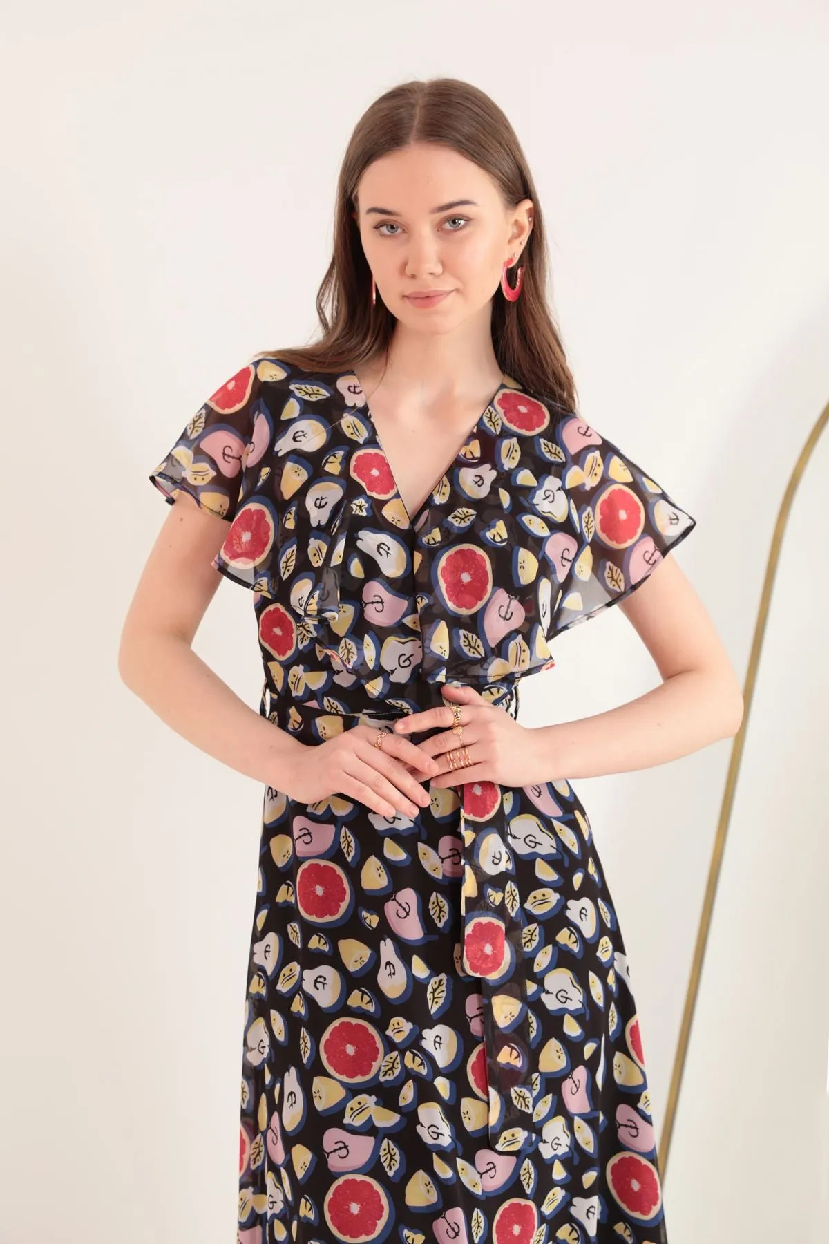 KKT Chiffon Fabric Mixed Fruit Pattern Aller Women's Dress-Black - Cambridge
