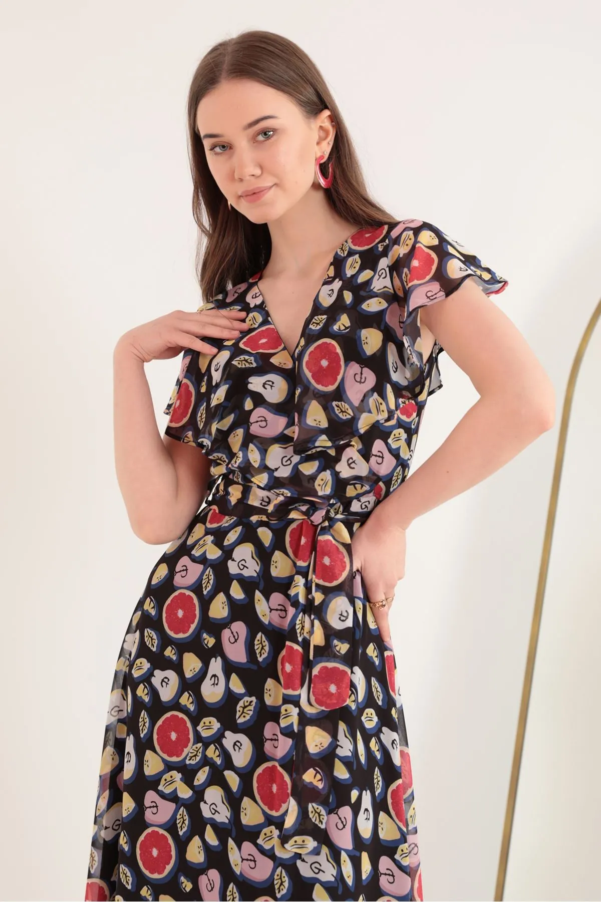 KKT Chiffon Fabric Mixed Fruit Pattern Aller Women's Dress-Black - Cambridge