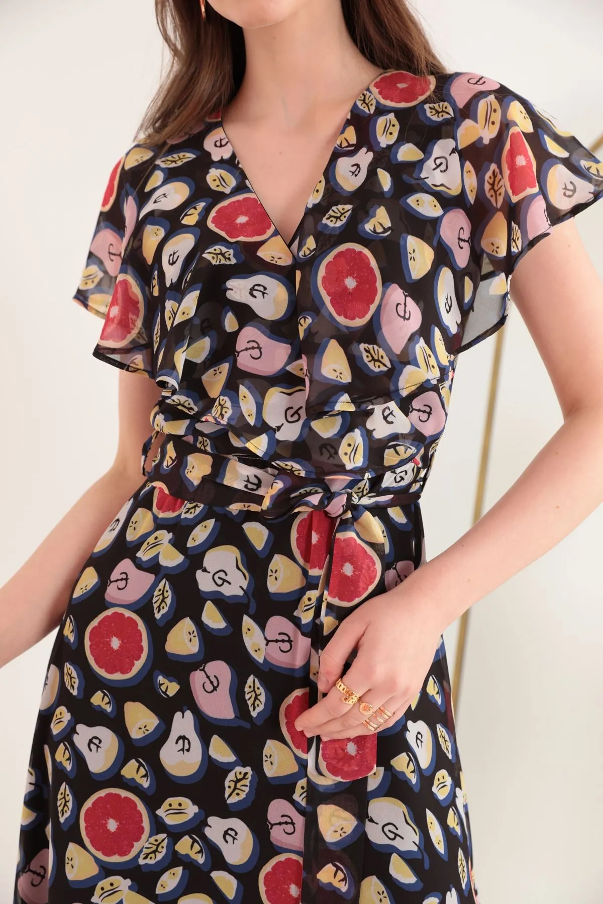 KKT Chiffon Fabric Mixed Fruit Pattern Aller Women's Dress-Black - Cambridge