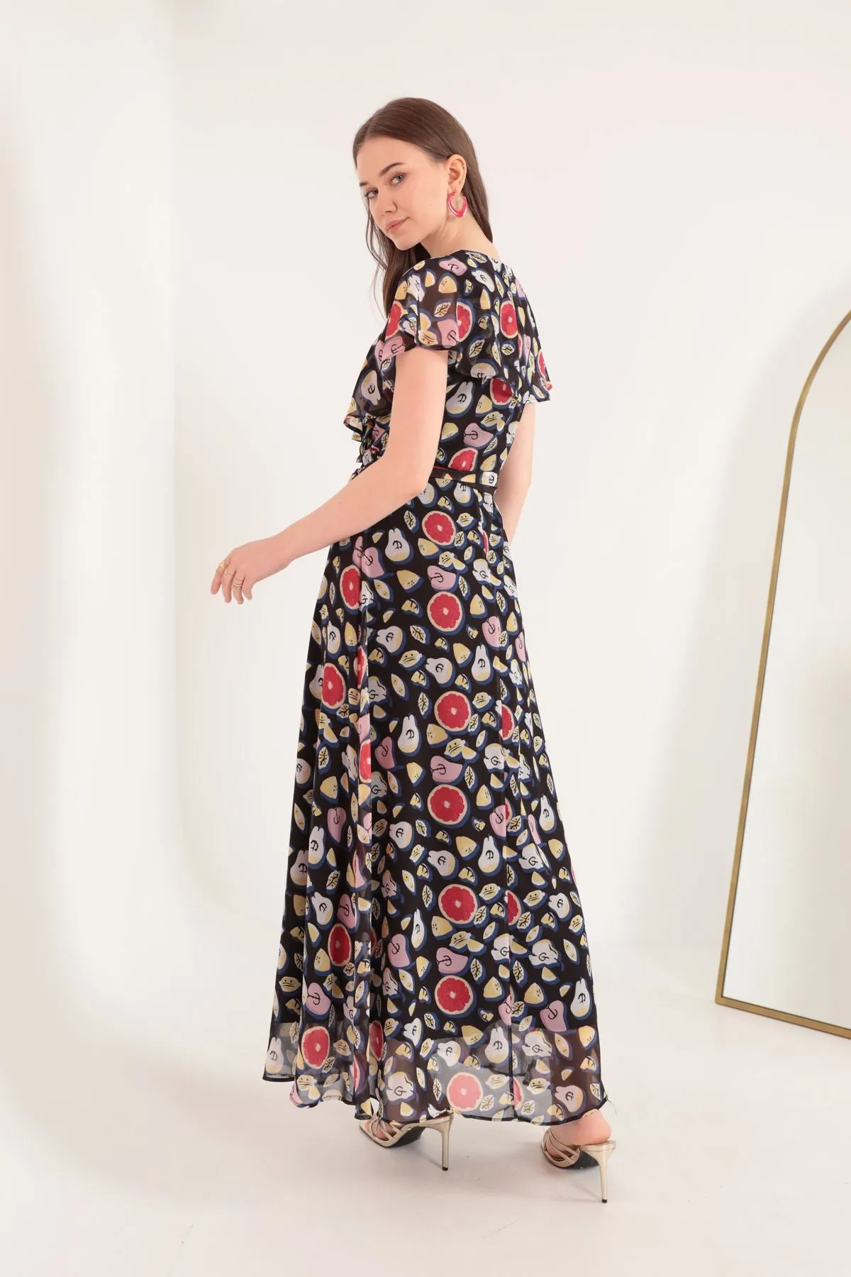 KKT Chiffon Fabric Mixed Fruit Pattern Aller Women's Dress-Black - Cambridge