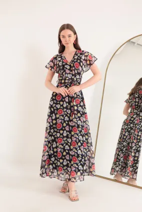 KKT Chiffon Fabric Mixed Fruit Pattern Aller Women's Dress-Black - Cambridge