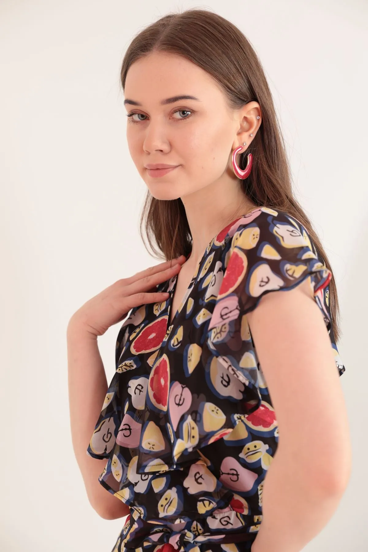 KKT Chiffon Fabric Mixed Fruit Pattern Aller Women's Dress-Black - Cambridge
