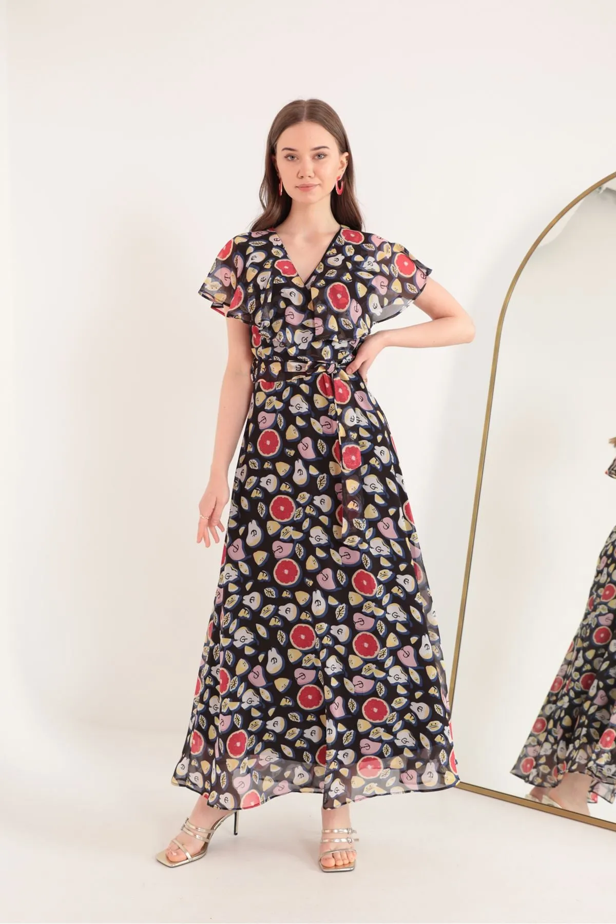 KKT Chiffon Fabric Mixed Fruit Pattern Aller Women's Dress-Black - Cambridge
