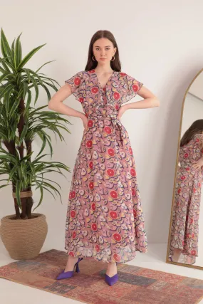 KKT Chiffon Fabric Mixed Fruit Pattern Aller Women's Dress-Light Pink - Tecate