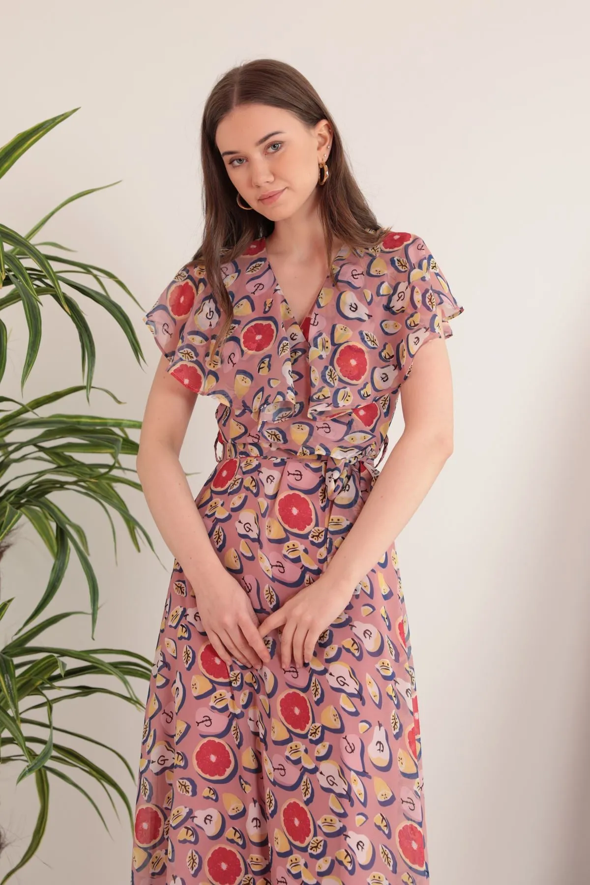 KKT Chiffon Fabric Mixed Fruit Pattern Aller Women's Dress-Light Pink - Tecate