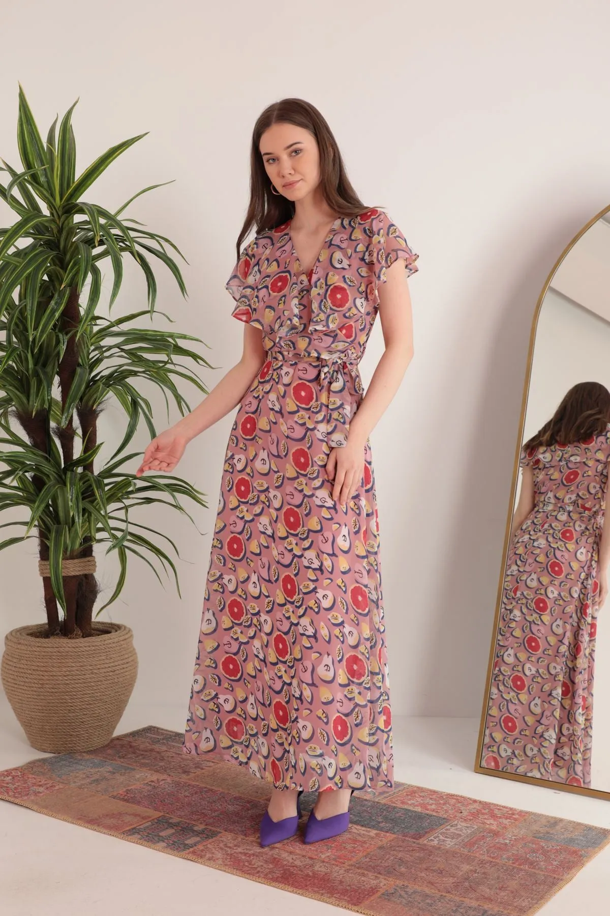KKT Chiffon Fabric Mixed Fruit Pattern Aller Women's Dress-Light Pink - Tecate