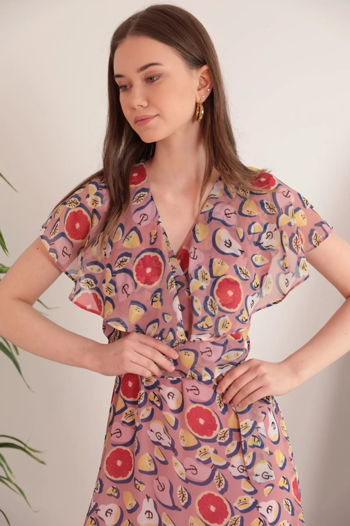 KKT Chiffon Fabric Mixed Fruit Pattern Aller Women's Dress-Light Pink - Tecate