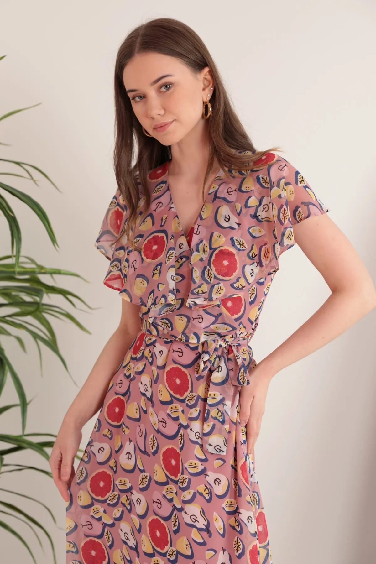 KKT Chiffon Fabric Mixed Fruit Pattern Aller Women's Dress-Light Pink - Tecate