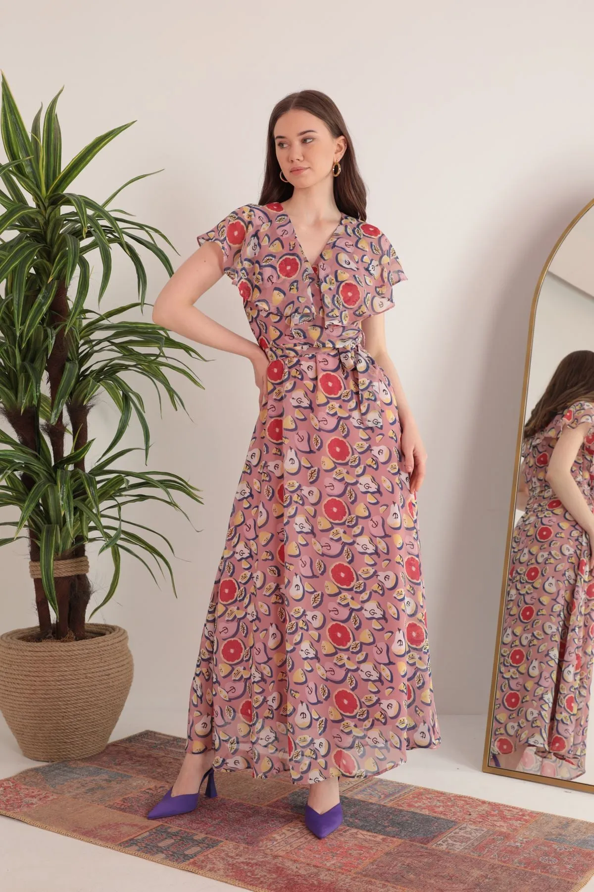 KKT Chiffon Fabric Mixed Fruit Pattern Aller Women's Dress-Light Pink - Tecate