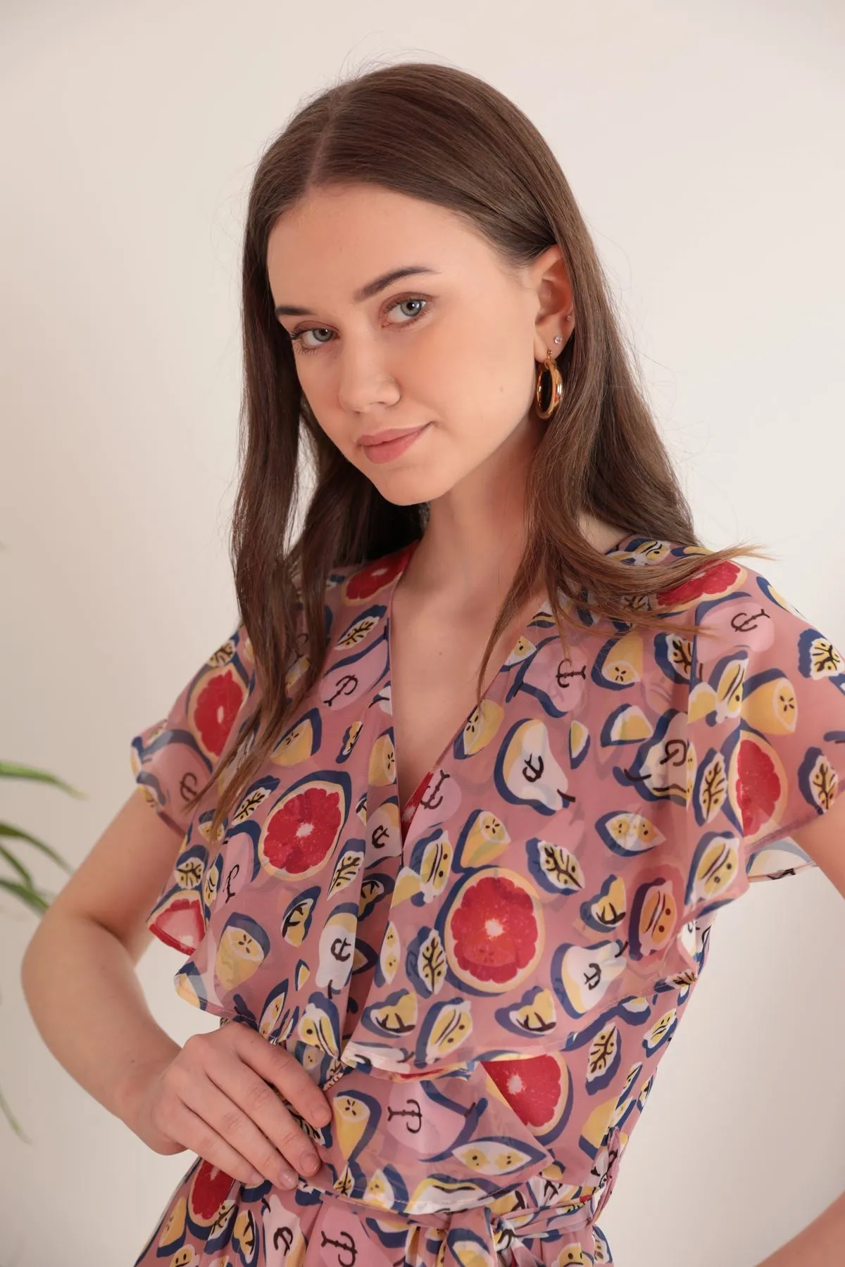 KKT Chiffon Fabric Mixed Fruit Pattern Aller Women's Dress-Light Pink - Tecate