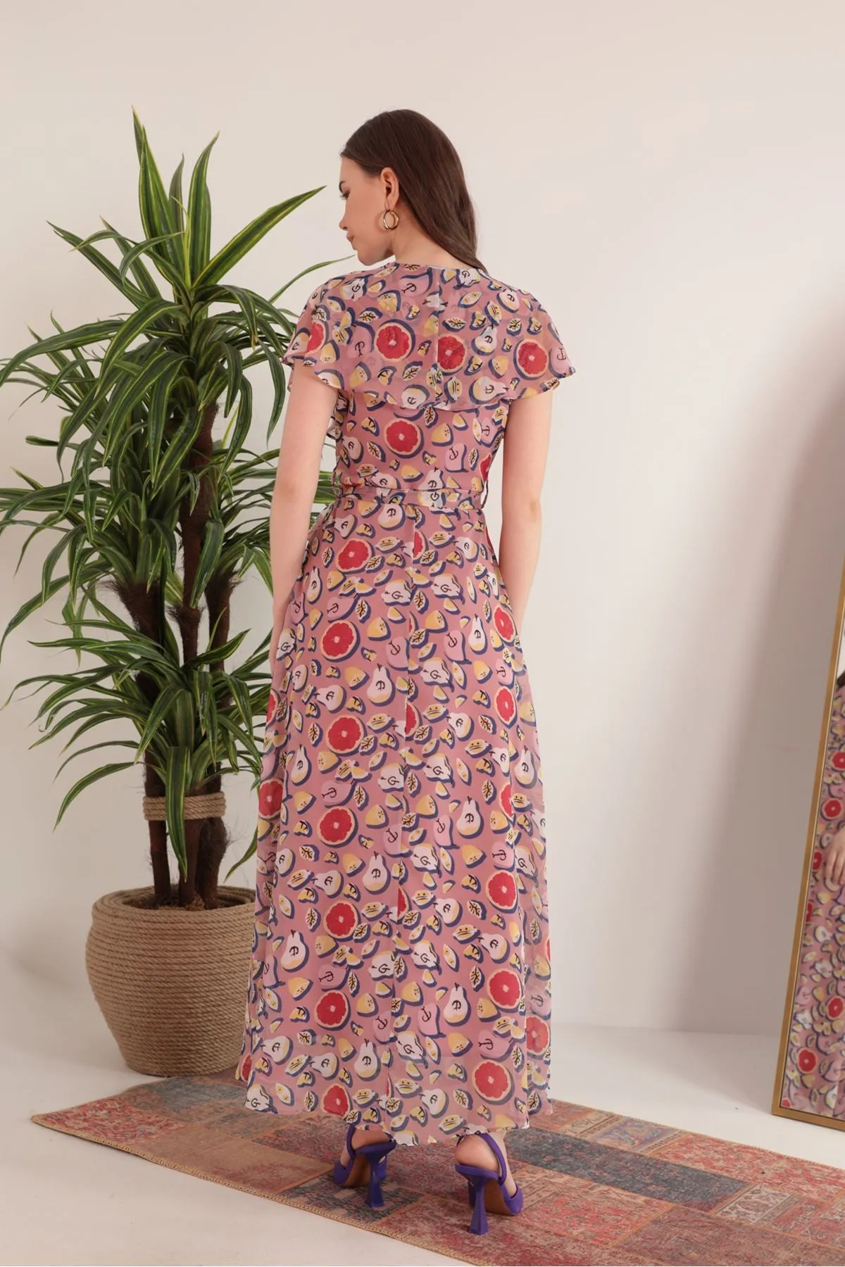 KKT Chiffon Fabric Mixed Fruit Pattern Aller Women's Dress-Light Pink - Tecate
