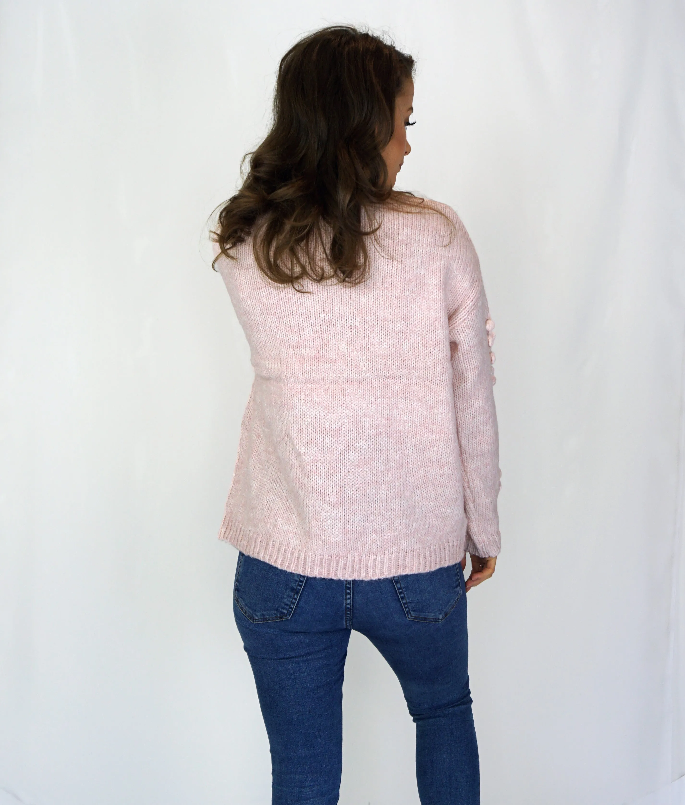 Knitted Jumper with Heart Pom Poms in Pink