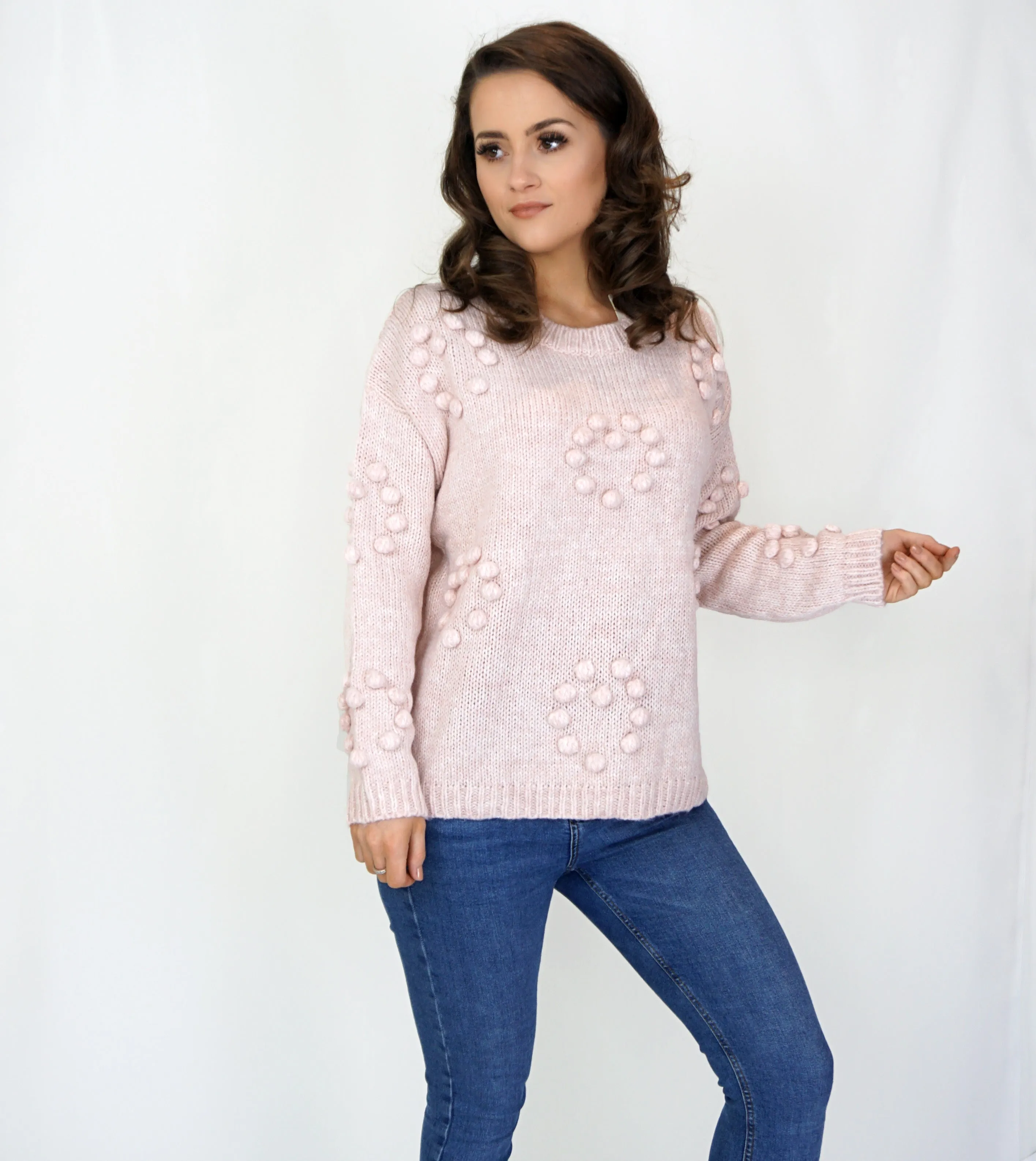 Knitted Jumper with Heart Pom Poms in Pink