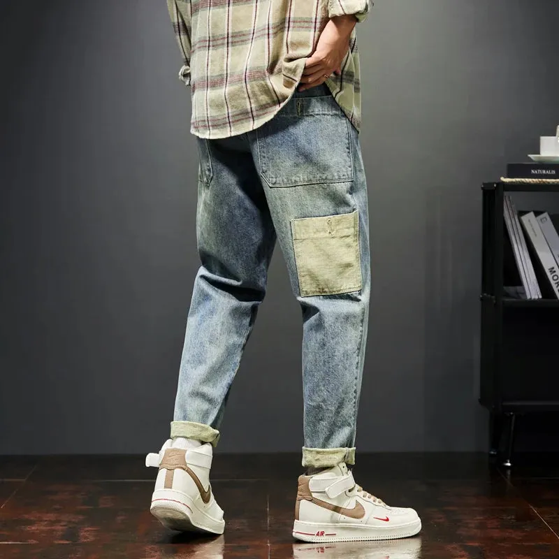 KSTUN Jeans Men Loose Fit Retro Blue 2024 Spring Wide Leg Pants Denim Trousers Korean Style Fashion Side Pocket Male Baggy Pants