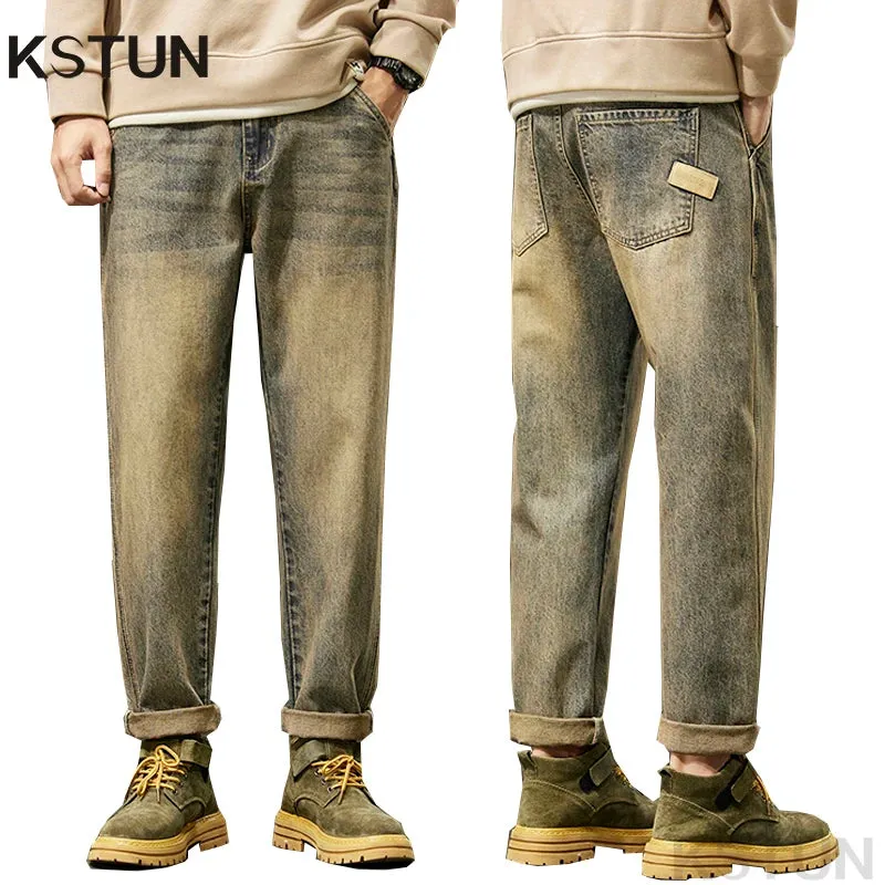 KSTUN Loose Jeans Men Harem Pants Denim Trousers Retro Blue Fashion Paches Pockets Mens Clothing Trousers Vintage Oversize 40 42