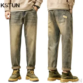 KSTUN Loose Jeans Men Harem Pants Denim Trousers Retro Blue Fashion Paches Pockets Mens Clothing Trousers Vintage Oversize 40 42