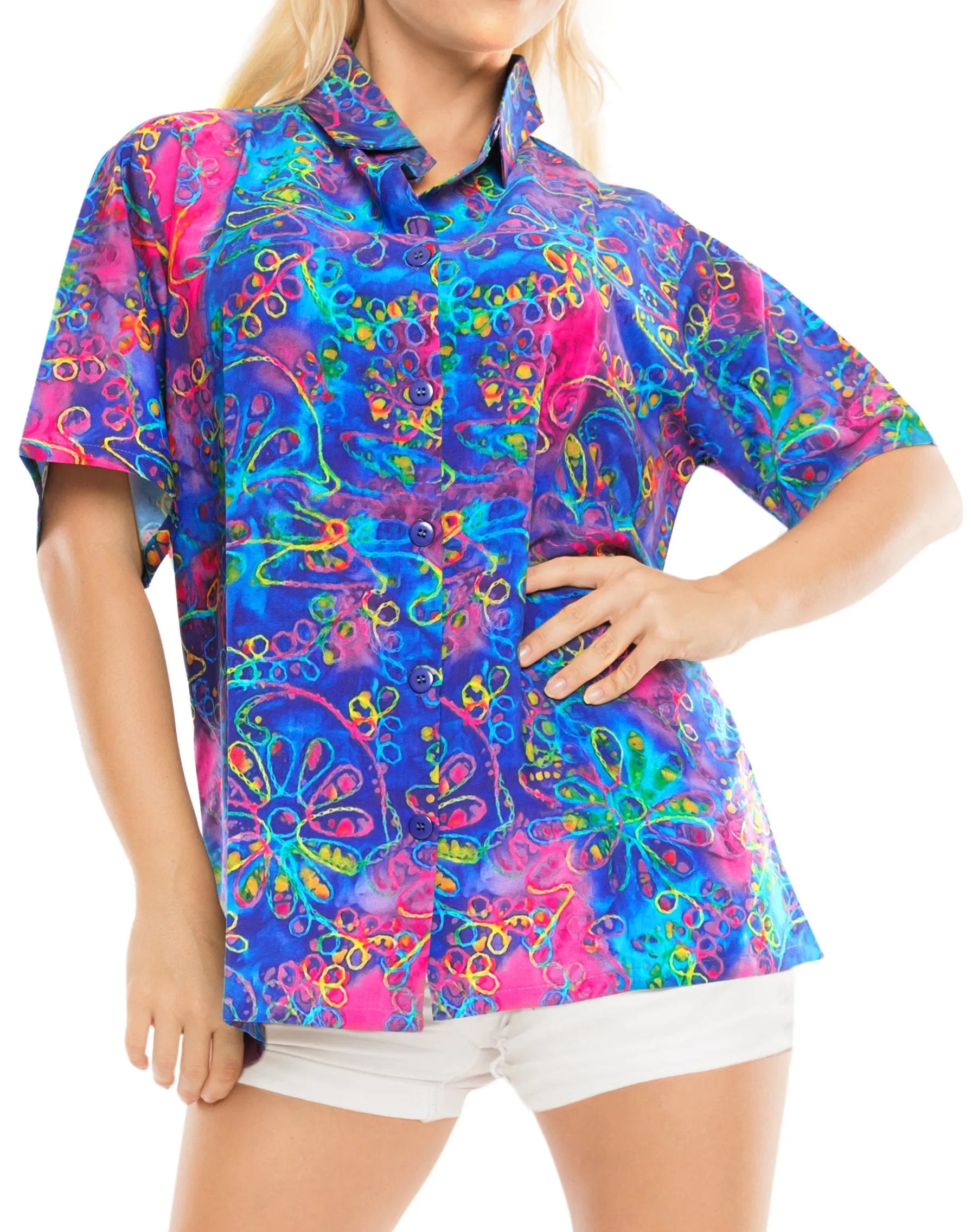 LA LEELA Women's Beach Casual Hawaiian Blouse Short Sleeve button Down Shirt Multicolor DRT 1