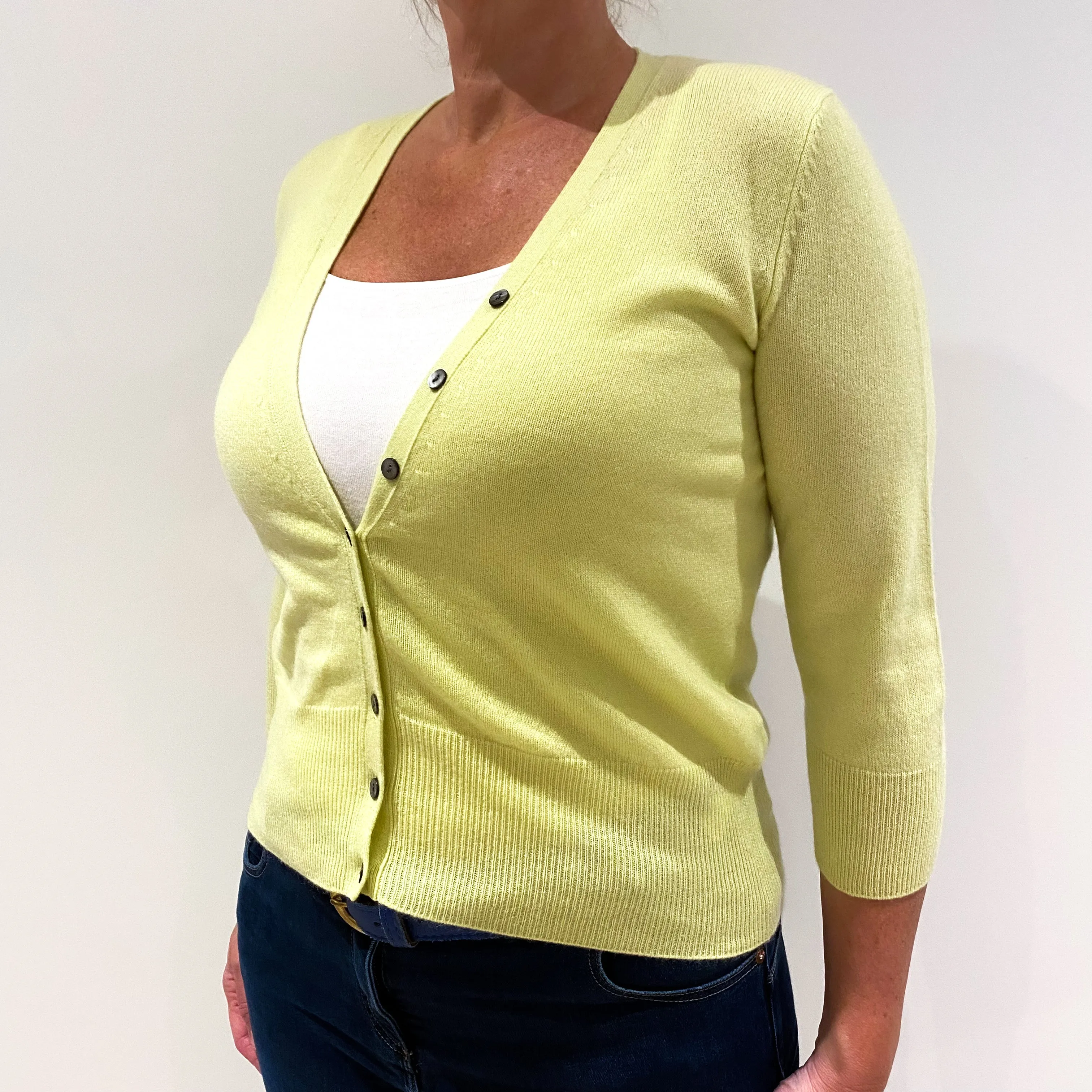 Lemon Yellow 3/4 Sleeve Cashmere Cardigan Large
