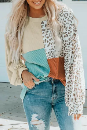Leopard Color Block Ribbed Sweatshirt Top-AL9400